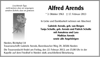 Traueranzeige von Alfred Arends von Ostfriesischer Kurier