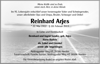 Traueranzeige von Reinhard Arjes von Ostfriesischer Kurier