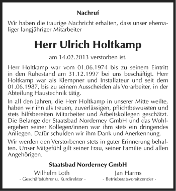 Traueranzeige von Ulrich Holtkamp von Ostfriesischer Kurier
