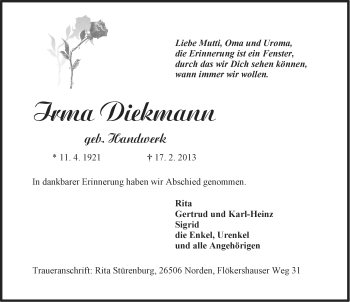 Traueranzeige von Irma Diekmann von Ostfriesischer Kurier