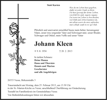 Traueranzeige von Johann Kleen von Ostfriesischer Kurier