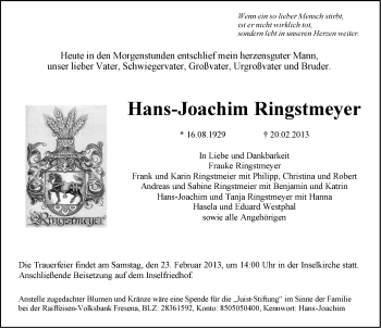 Traueranzeige von Hans-Joachim Ringstmeyer von Ostfriesischer Kurier