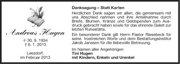 Traueranzeige von Andreas Hugen von Ostfriesischer Kurier