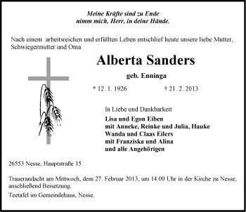 Traueranzeige von Alberta Sanders von Ostfriesischer Kurier