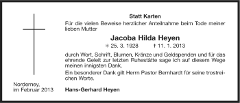 Traueranzeige von Jacoba Hilda Heyen von Ostfriesischer Kurier