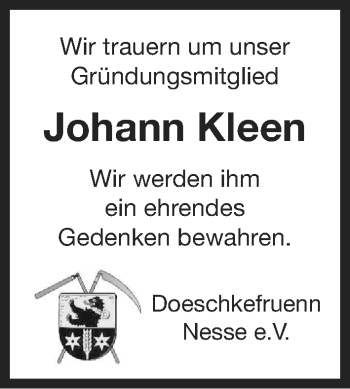 Traueranzeige von Johann Kleen von Ostfriesischer Kurier