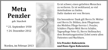 Traueranzeige von Meta Penzler von Ostfriesischer Kurier