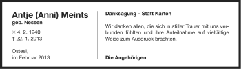 Traueranzeige von Antje  Meints von Ostfriesischer Kurier