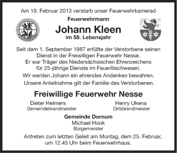 Traueranzeige von Johann Kleen von Ostfriesischer Kurier