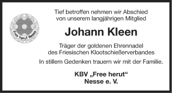 Traueranzeige von Johann Kleen von Ostfriesischer Kurier