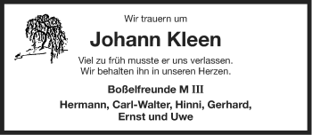 Traueranzeige von Johann Kleen von Ostfriesischer Kurier