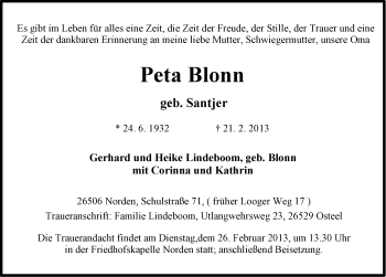 Traueranzeige von Peta Blonn von Ostfriesischer Kurier