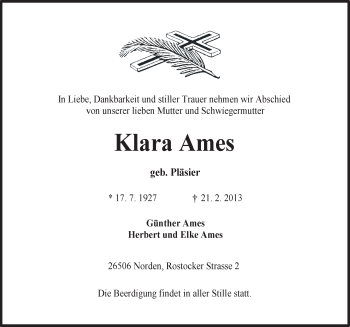 Traueranzeige von Klara Ames von Ostfriesischer Kurier