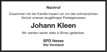 Traueranzeige von Johann Kleen von Ostfriesischer Kurier