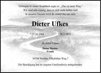 Traueranzeige von Dieter Ufkes von Ostfriesischer Kurier