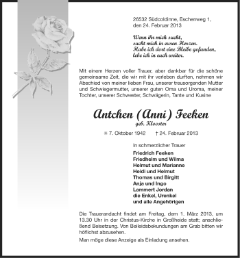 Traueranzeige von Antchen Feeken von Ostfriesischer Kurier
