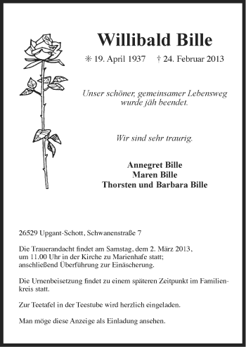 Traueranzeige von Willibald Bille von Ostfriesischer Kurier