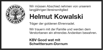 Traueranzeige von Helmut Kowalski von Ostfriesischer Kurier