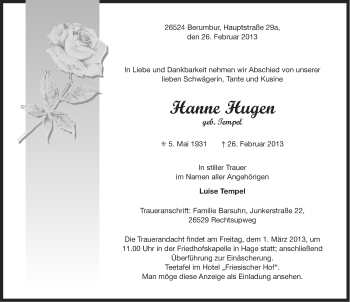 Traueranzeige von Hanne Hugen von Ostfriesischer Kurier