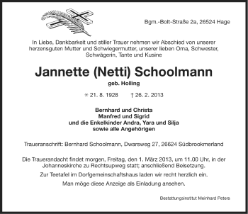 Traueranzeige von Janette Schoolmann von Ostfriesischer Kurier