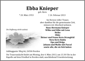 Traueranzeige von Ebba Knieper von Ostfriesischer Kurier