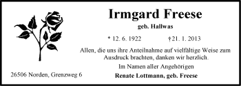 Traueranzeige von Irmgard Freese von Ostfriesischer Kurier