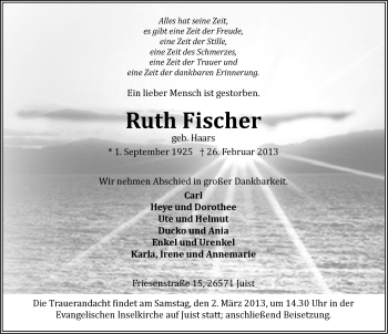 Traueranzeige von Ruth Fischer von Ostfriesischer Kurier