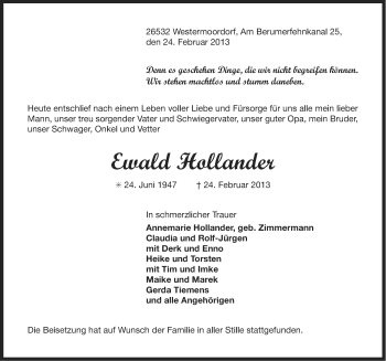 Traueranzeige von Ewald Hollander von Ostfriesischer Kurier