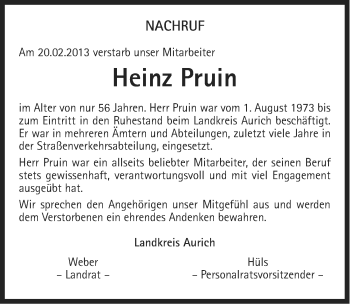 Traueranzeige von Heinz Pruin von Ostfriesischer Kurier