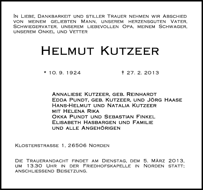  Traueranzeige für Helmut Kutzeer vom 28.02.2013 aus Ostfriesischer Kurier