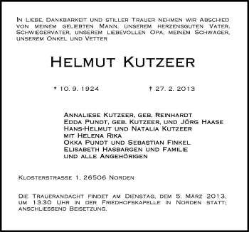 Traueranzeige von Helmut Kutzeer von Ostfriesischer Kurier