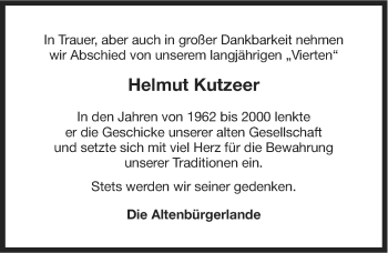 Traueranzeige von Helmut Kutzeer von Ostfriesischer Kurier