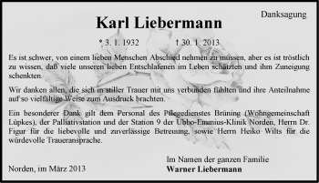 Traueranzeige von Kurt Liebermann von Ostfriesischer Kurier