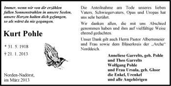 Traueranzeige von Kurt Pohle von Ostfriesischer Kurier