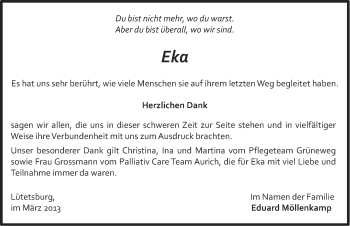 Traueranzeige von Eka  von Ostfriesischer Kurier