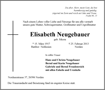 Traueranzeige von Elisabeth Neugebauer von Ostfriesischer Kurier