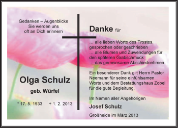 Traueranzeige von Olga Schulz von Ostfriesischer Kurier