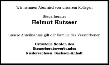 Traueranzeige von Helmut Kutzeer von Ostfriesischer Kurier