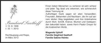 Traueranzeige von Bernhard Saathoff von Ostfriesischer Kurier