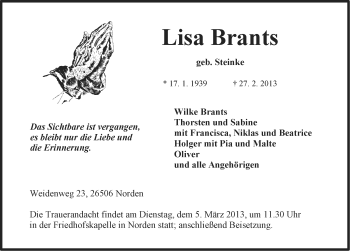 Traueranzeige von Lisa Brants von Ostfriesischer Kurier