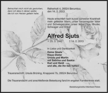 Traueranzeige von Alfred Sjuts von Ostfriesischer Kurier