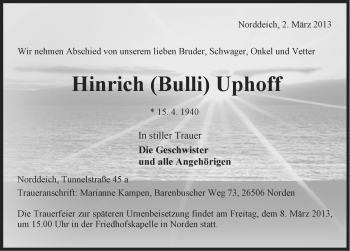Traueranzeige von Hinrich Uphoff von Ostfriesischer Kurier