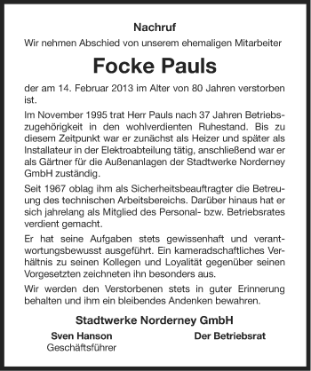 Traueranzeige von Focke Pauls von Ostfriesischer Kurier