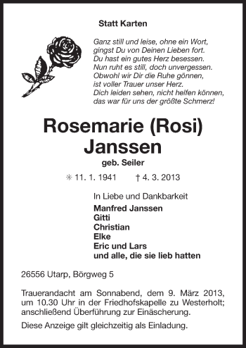 Traueranzeige von Rosemarie (Rosi) Janssen von Ostfriesischer Kurier