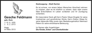 Traueranzeige von Gesche Feldmann von Ostfriesischer Kurier
