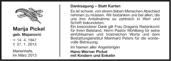Traueranzeige von Marija Pickel von Ostfriesischer Kurier