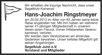 Traueranzeige von Hans-Joachim Ringstmeyer von Ostfriesischer Kurier
