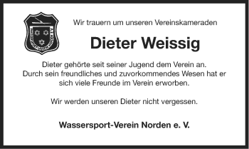 Traueranzeige von Dieter Weissig von Ostfriesischer Kurier