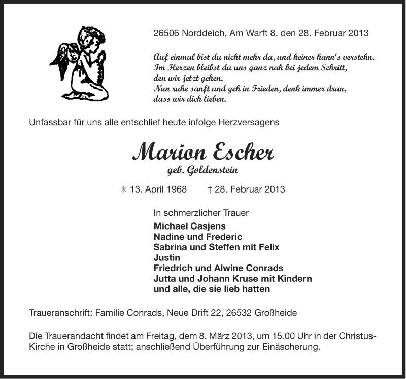  Traueranzeige für Marion Escher vom 07.03.2013 aus Ostfriesischer Kurier