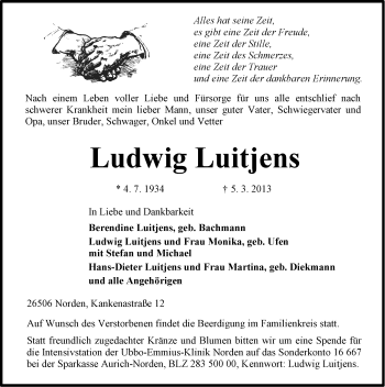 Traueranzeige von Ludwig Luitjens von Ostfriesischer Kurier
